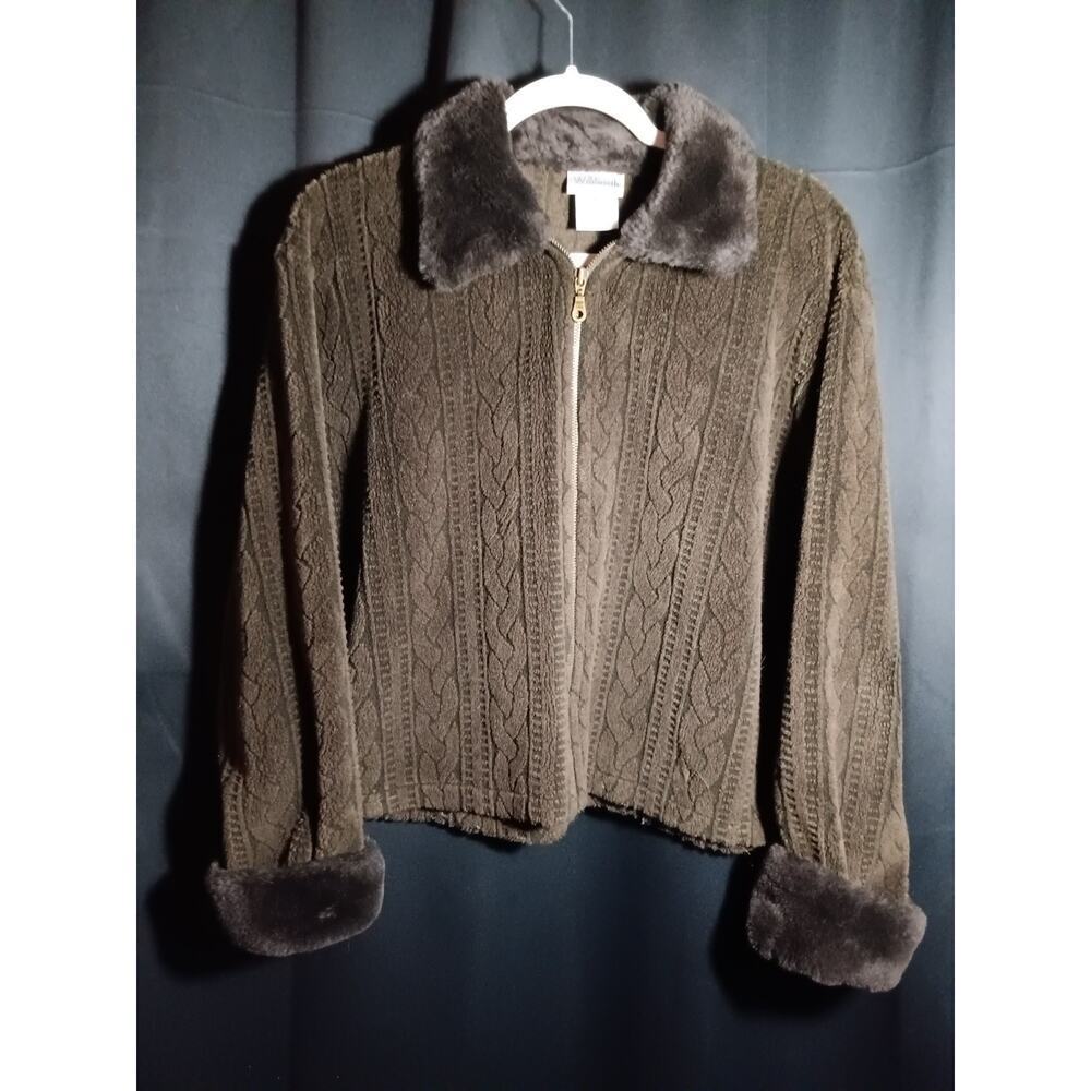 Willi Smith Women Large Cable Knit Zip Sweater Faux Fur Trim Y2K Boho Après Ski - Picture 2 of 6